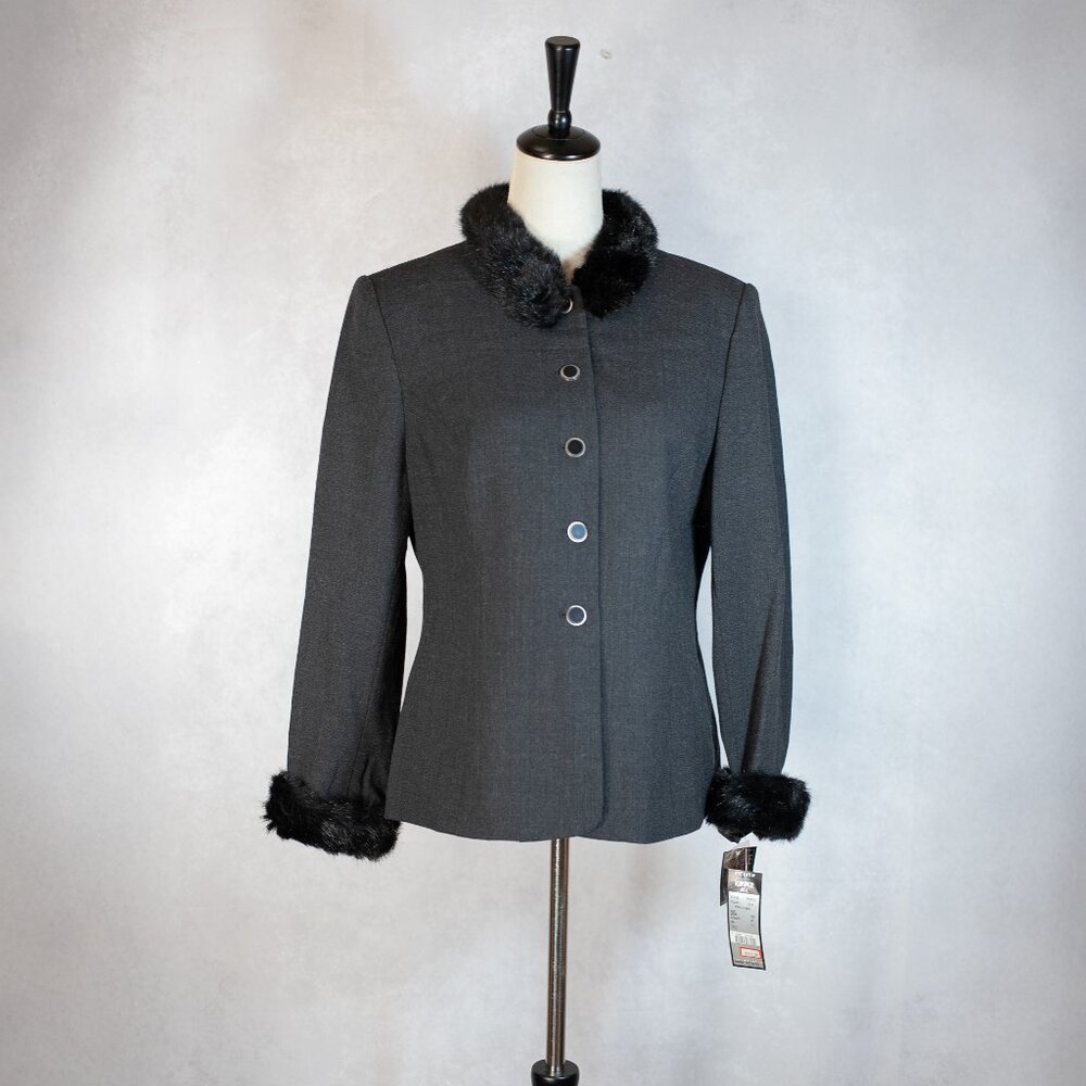 Kasper Wool Blazer Jacket Removabal Faux Fur Sleeve Trim Collar Gray Sz 10P